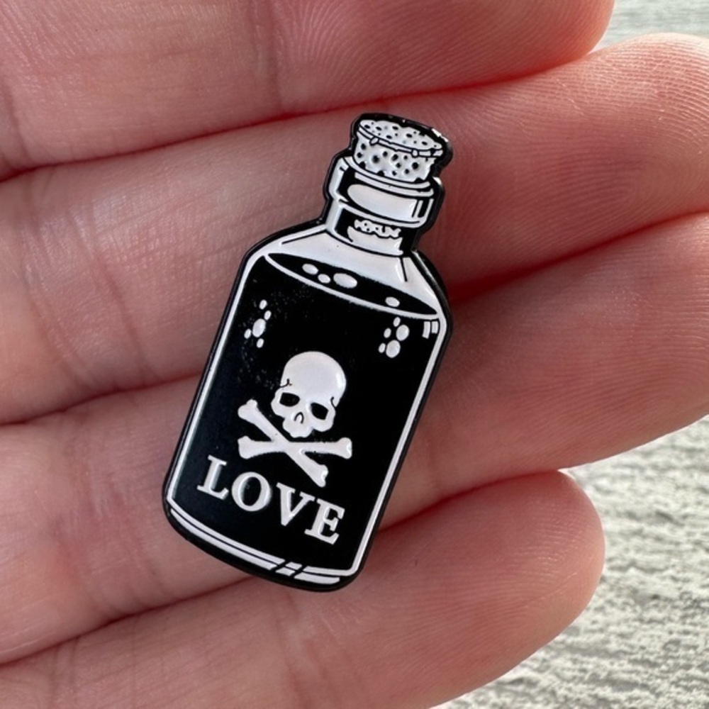 Love Potion Skeleton Pin, Skeleton & Crossbones Pin, Love Potion Pin, Halloween